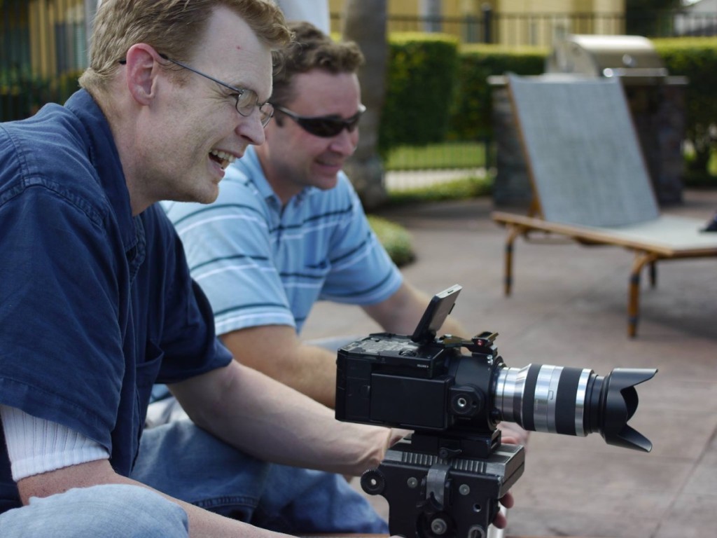 Derrick Perrin and Jeff Durrwachter on the set of a video production.